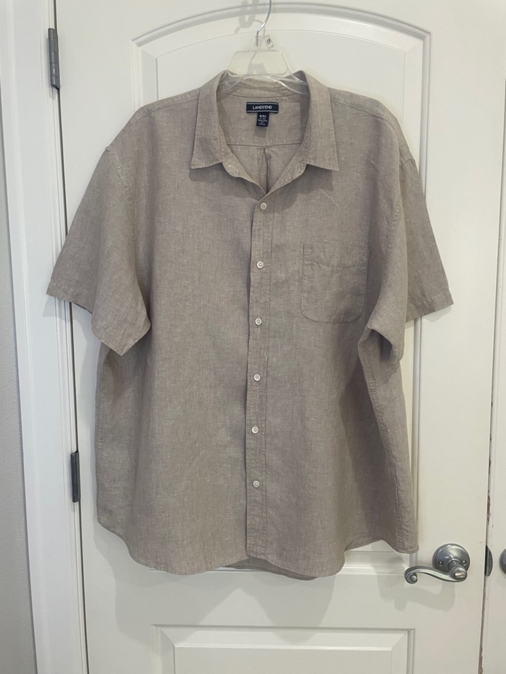 Lands' End Men's Short-Sleeve Linen Button-Down Shirt in Taupe
